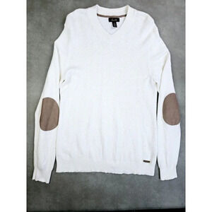 Tasso Elba Size Large Women's Vanilla Long Sleeve Logo Tag V Neck Elbow Patch
